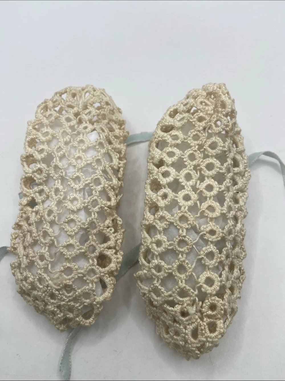 Vintage Handmade Crocheted Tatted Lace Baby Booties Cream/Ivory With Blue Ribbon